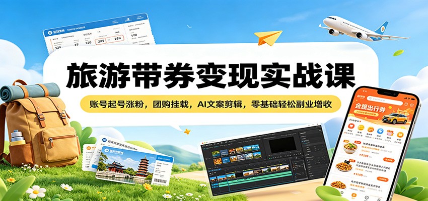 旅游带券变现实战课：账号起号涨粉，团购挂载，AI文案剪辑，零基础轻松副业增收-轻创终点站