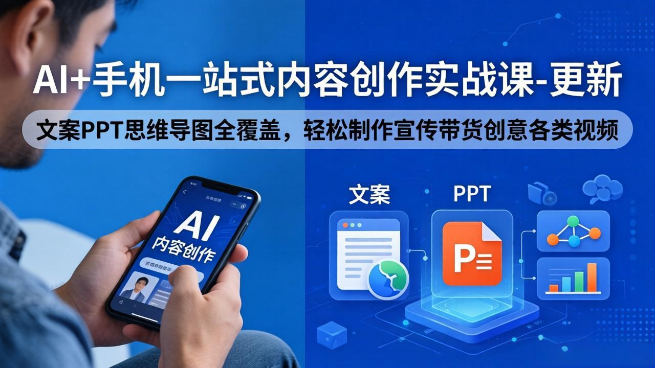 AI+手机一站式内容创作实战课-更新，文案PPT思维导图全覆盖，轻松制作宣传带货创意各类视频-轻创终点站