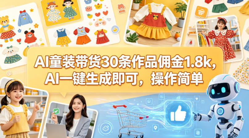 AI童装带货30条作品佣金1.8k，AI一键生成即可，操作简单-轻创终点站