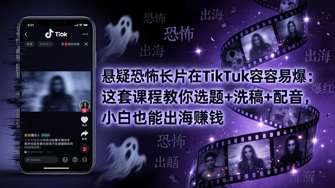 悬疑恐怖长片在TikTok最容易爆：这套课程教你选题+洗稿+配音，小白也能出海赚钱-轻创终点站