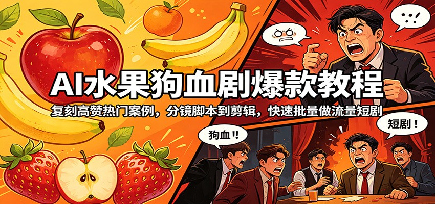 AI水果狗血剧爆款教程：复刻高赞热门案例，分镜脚本到剪辑，快速批量做流量短剧-龙祁轻创社区