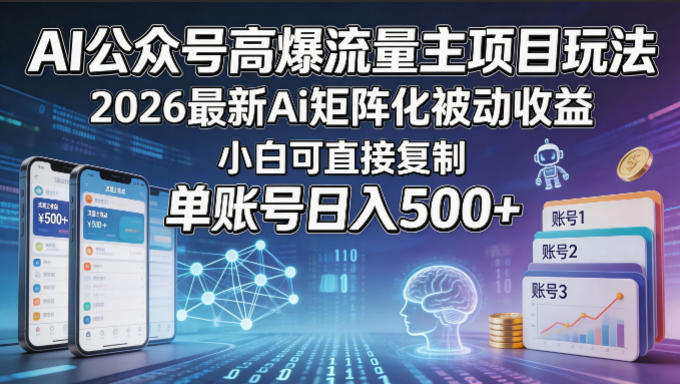 AI公众号高爆流量主项目玩法，2026最新Ai矩阵化被动收益，小白可直接复制，单账号日入500+-龙祁轻创社区
