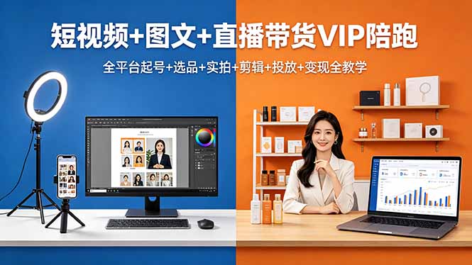 短视频+图文+直播带货VIP陪跑，全平台起号+选品+实拍+剪辑+投放+变现全教学-龙祁轻创社区