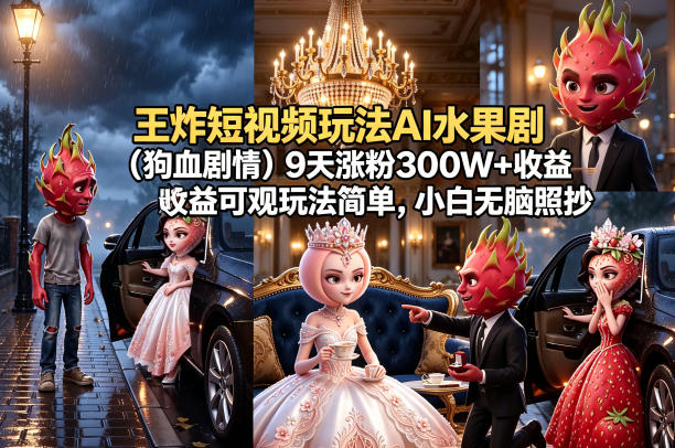 王炸短视频玩法AI水果剧(狗血剧情)9天涨粉300W+收益可观玩法简单，小白无脑照抄，详细拆解玩法-龙祁智能体社区