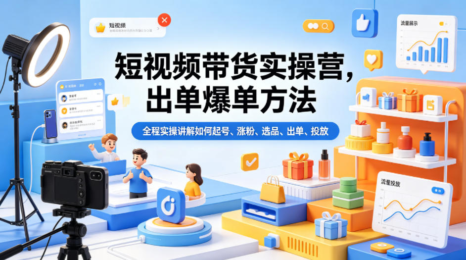 短视频带货实操营，出单爆单方法，全程实操讲解如何起号、涨粉、选品、出单、投放(更新0515)-龙祁轻创社区