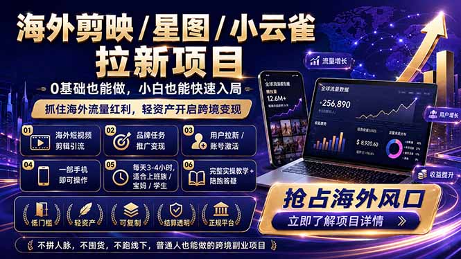 海外剪映 / 星图 / 小云雀拉新项目 普通人也能上手的跨境流量变现副业-龙祁轻创社区