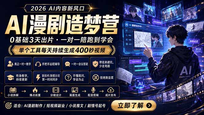 AI漫剧造梦营：0基础3天出片，单个工具每天持续生成400秒视频-龙祁轻创社区