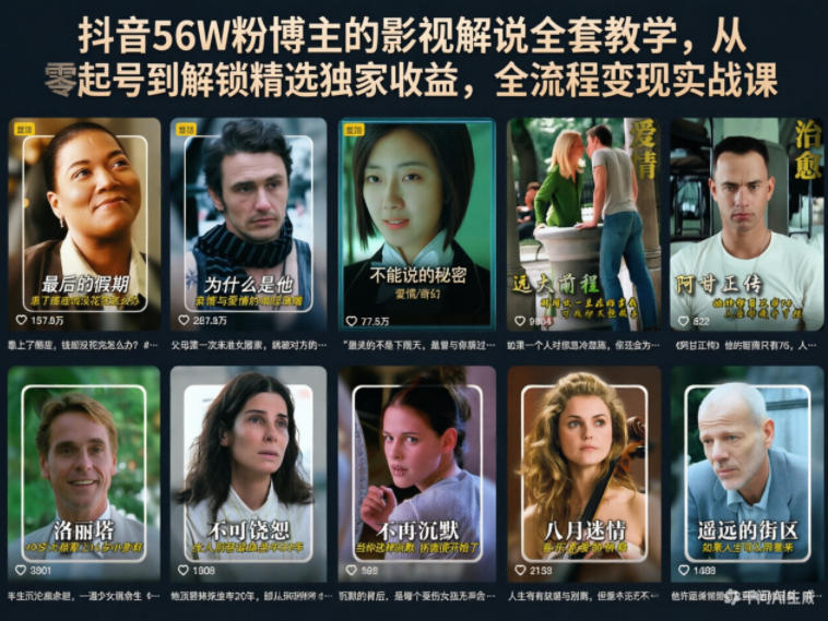 抖音56W粉博主的影视解说全套教学，从零起号到解锁精选独家收益，全流程变现实战课-龙祁轻创社区