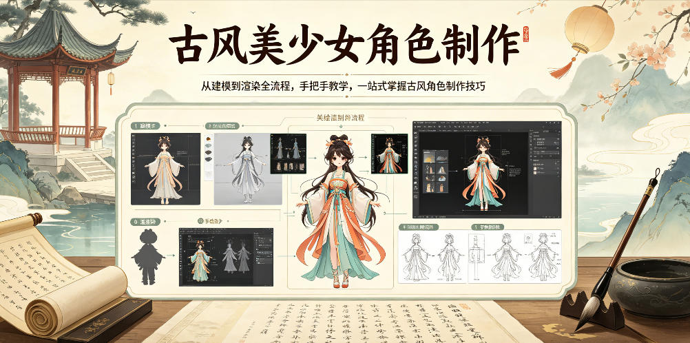 古风美少女角色制作，从建模到渲染全流程，手把手教学，一站式掌握古风角色制作技巧-龙祁轻创社区
