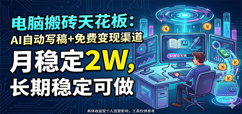 电脑搬砖天花板：AI自动写稿+免费变现渠道，月稳定2W，长期稳定可做-龙祁轻创社区