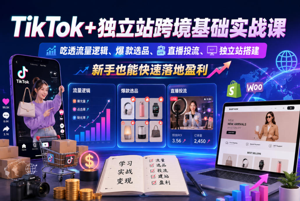 TikTok+独立站跨境基础实战课，吃透流量逻辑、爆款选品、直播投流与独立站搭建，新手也能快速落地盈利-龙祁轻创社区