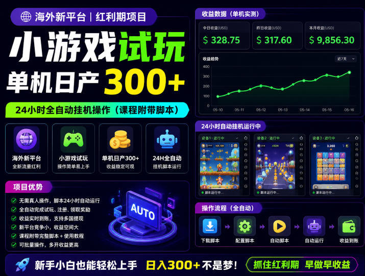 海外新平台，小游戏试玩，单机日产300+，24小时全自动挂G操作(课程附带脚本)【揭秘】-龙祁轻创社区