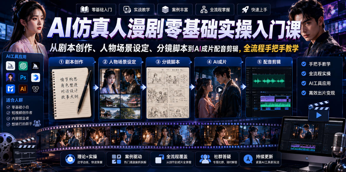 AI仿真人漫剧零基础实操入门课，从剧本创作、人物场景设定、分镜脚本到AI成片配音剪辑，全流程手把手教学-龙祁轻创社区