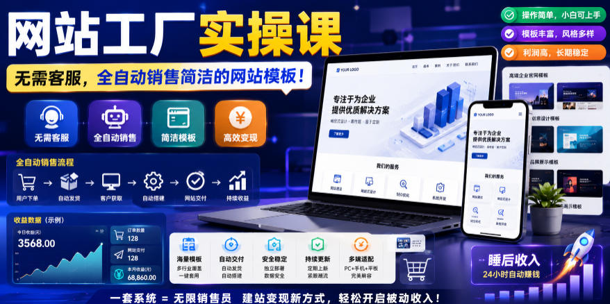 网站工厂实操课，无需客服，网站模板自动赚钱！【原创双语字幕】-龙祁轻创社区