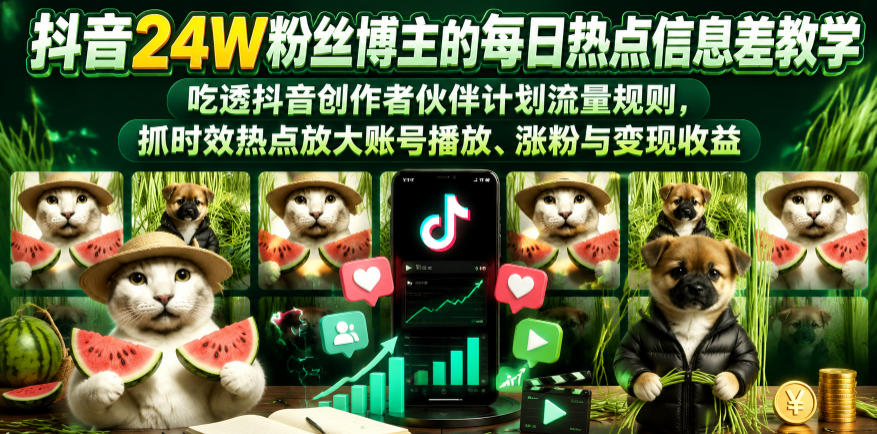 抖音24W粉丝博主的每日热点信息差教学，吃透创作者伙伴计划流量规则，抓时效热点放大账号播放、涨粉与变现收益(更新)-龙祁轻创社区