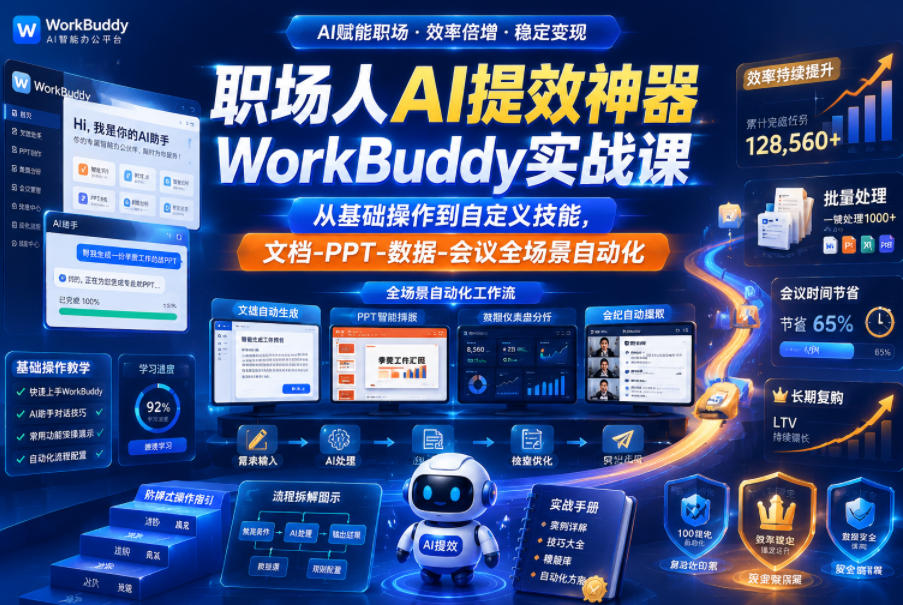 职场人AI提效神器WorkBuddy实战课，从基础操作到自定义技能，文档-PPT-数据-会议全场景自动化-龙祁轻创社区