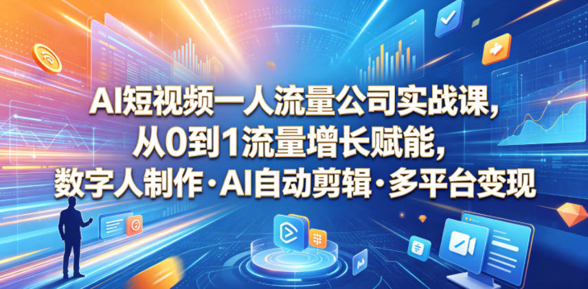 AI短视频一人流量公司实战课，从0到1流量增长赋能，数字人制作・AI自动剪辑・多平台变现，一人做流量生意全落地教程-龙祁轻创社区