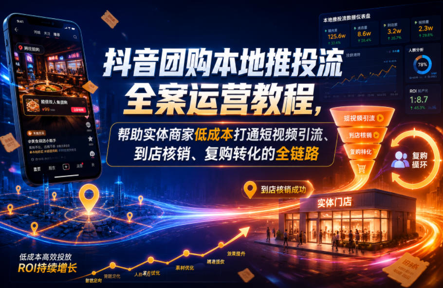 抖音团购本地推投流全案运营教程，帮助实体商家低成本打通短视频引流、到店核销、复购转化的全链路-龙祁轻创社区
