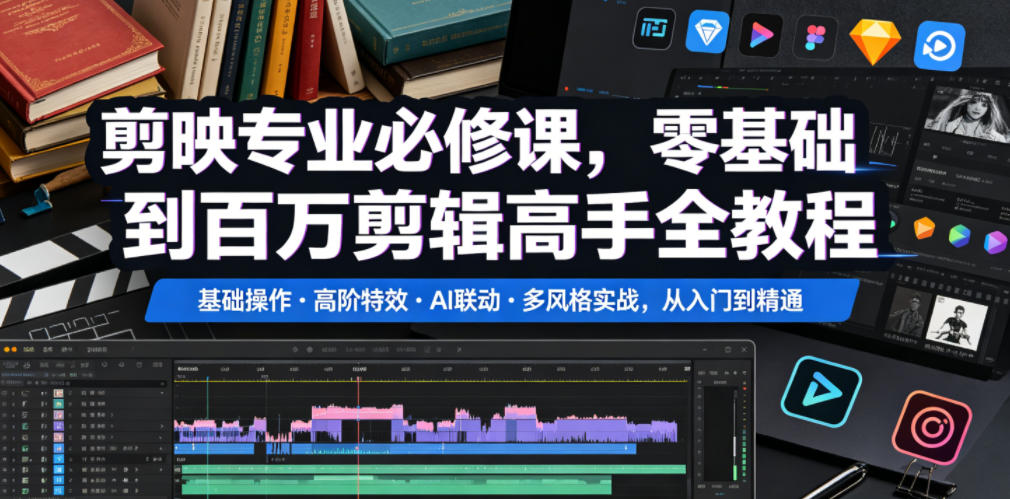 剪映专业必修课，零基础到百万剪辑高手全教程，基础操作・高阶特效・AI联动・多风格实战，从入门到精通-龙祁轻创社区