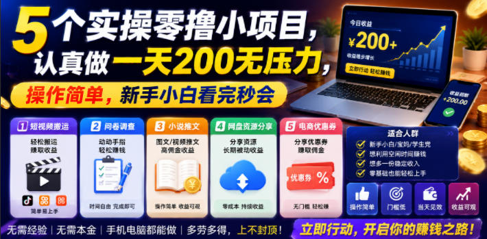 5个实操零撸小项目，认真做一天200无压力，操作简单，新手小白看完秒会【揭秘】-龙祁轻创社区