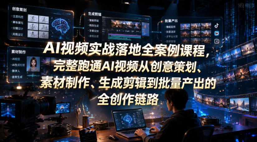 AI视频实战落地全案例课程，完整跑通AI视频从创意策划、素材制作、生成剪辑到批量产出的全创作链路-龙祁轻创社区