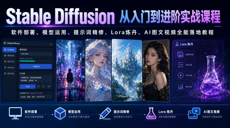 Stable Diffusion从入门到进阶实战课程｜软件部署、模型运用、提示词精修、Lora炼丹、AI图文视频全能落地教程-龙祁轻创社区