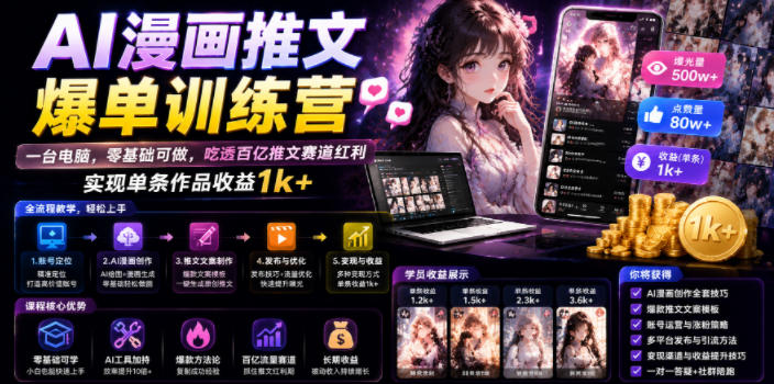 AI漫画推文爆单训练营，一台电脑，零基础可做，吃透百亿推文赛道红利，实现单条作品收益1k+-龙祁轻创社区