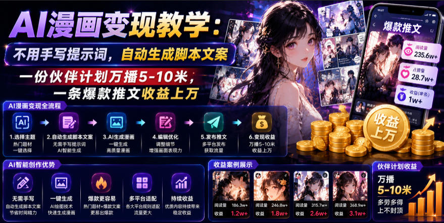 AI漫画变现教学：不用手写提示词，自动生成脚本文案，一份伙伴计划万播5-10米，一条爆款推文收益上W-龙祁轻创社区