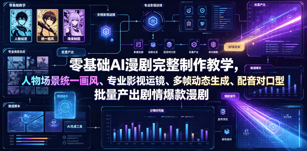 零基础AI漫剧完整制作教学，人物场景统一画风、专业影视运镜、多帧动态生成、配音对口型，批量产出剧情爆款漫剧-龙祁轻创社区