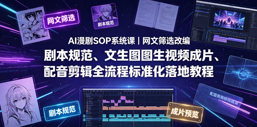 AI漫剧SOP系统课｜网文筛选改编、剧本规范、文生图图生视频成片、配音剪辑全流程标准化落地教程-龙祁轻创社区
