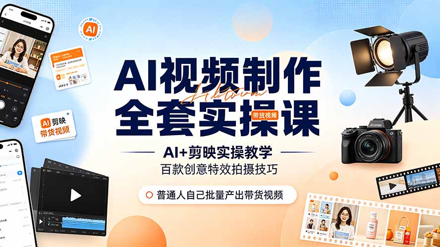 AI视频制作全套实操课，多款AI工具搭配剪映教学，百种特效运镜拍摄实操，抖音账号带货运营全覆盖-龙祁轻创社区
