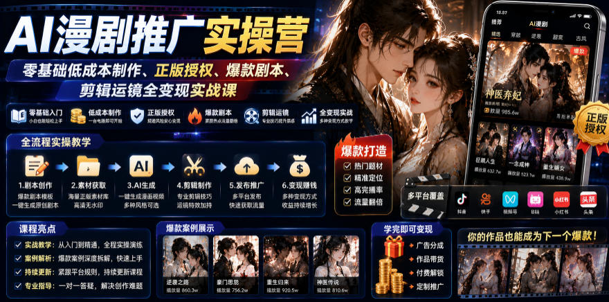 AI漫剧推广实操营｜零基础低成本制作、正版授权、爆款剧本、剪辑运镜全变现实战课-龙祁轻创社区