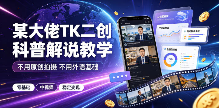 某大佬TK二创科普解说教学，不用原创拍摄不用外语基础，零基础做TikTok中视频稳定变现-龙祁轻创社区