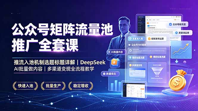 公众号矩阵流量池推广全套课，推流入池机制选题标题详解，DeepSeek AI批量做内容，多渠道变现全流程教学-龙祁轻创社区