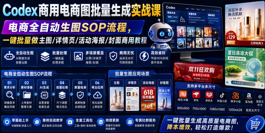 Codex商用电商图批量生成实战课｜电商全自动生图SOP流程，一键批量做主图/详情页/活动海报/封面商用教程-龙祁轻创社区