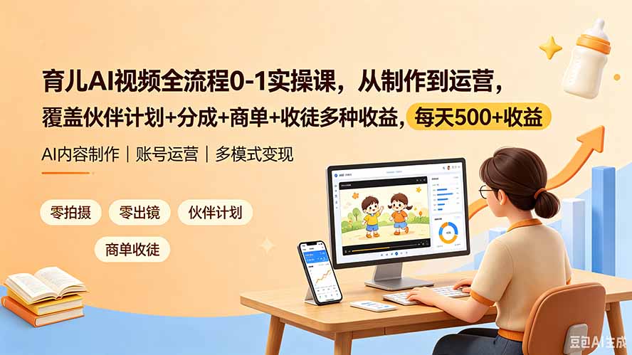育儿AI视频全流程0-1实操课，从制作到运营，覆盖伙伴计划+分成+商单+收徒多种收益，每天500+收益-龙祁轻创社区