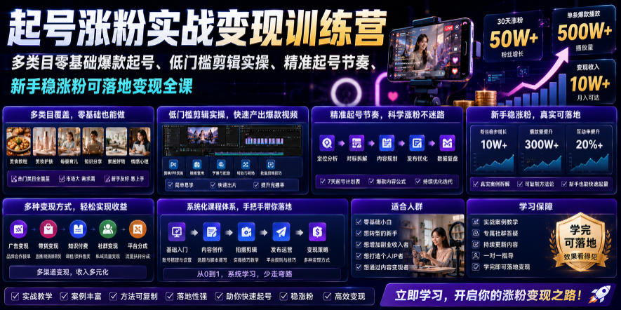 苗子起号涨粉实战变现训练营，多类目零基础爆款起号、精准起号节奏、新手稳涨粉可落地变现全课-龙祁轻创社区