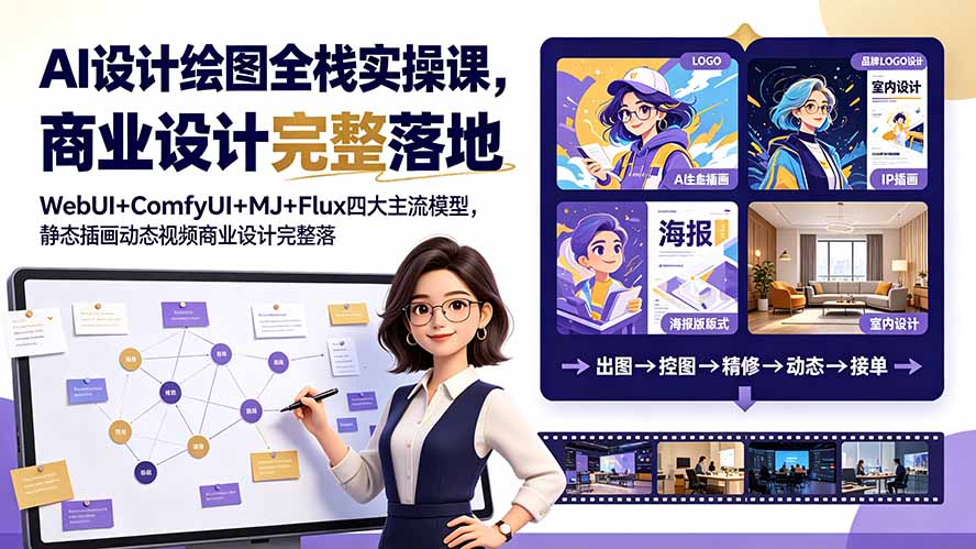 AI设计绘图全栈实操课，WebUI+ComfyUI+MJ+Flux四大主流模型，静态插画动态视频商业设计完整落地教程-龙祁轻创社区