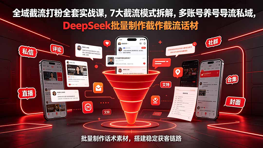 全域截流打粉全套实战课，7大截流模式拆解，多账号养号导流私域，DeepSeek批量制作截流话术素材-龙祁轻创社区
