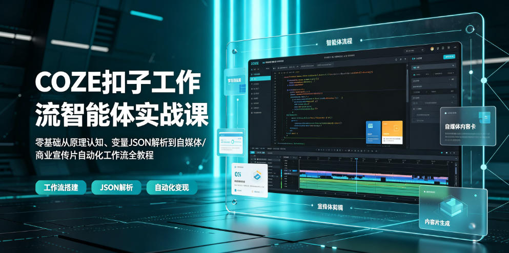 COZE扣子工作流智能体实战课｜零基础从原理认知、变量JSON解析到自媒体/商业宣传片自动化工作流全教程-龙祁轻创社区