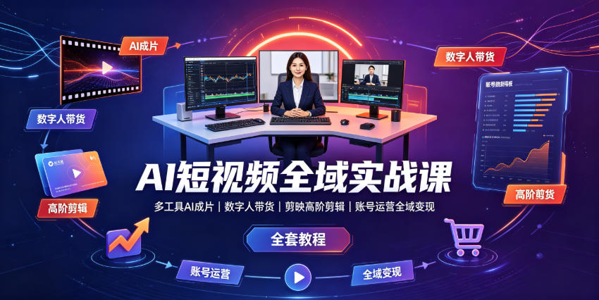AI短视频全域实战课｜多工具AI成片、数字人带货、剪映高阶剪辑、账号运营全域变现全套教程-龙祁轻创社区