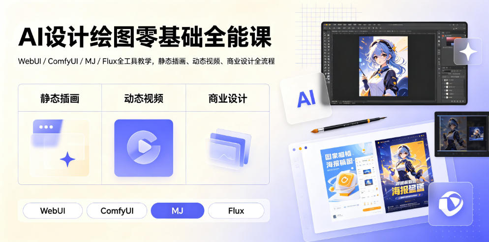 AI设计绘图零基础全能课｜WebUI/ComfyUI/MJ/Flux全工具教学，静态插画、动态视频、商业设计全流程-龙祁轻创社区