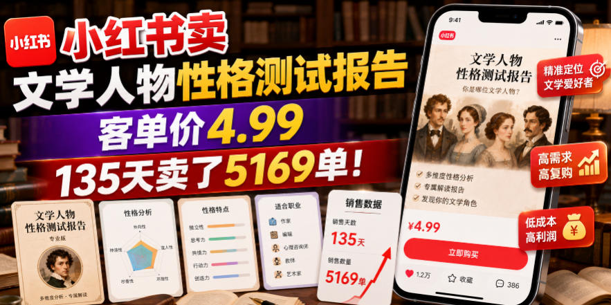 小红书卖文学人物性格测试报告，客单价4.99，135天卖了5169单！-龙祁轻创社区