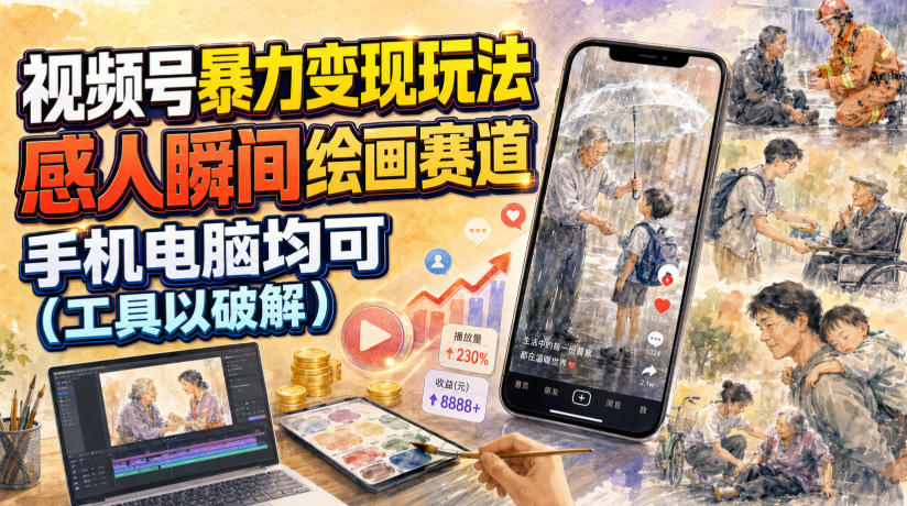 视频号暴力变现玩法，感人瞬间绘画赛道，手机电脑均可-龙祁轻创社区