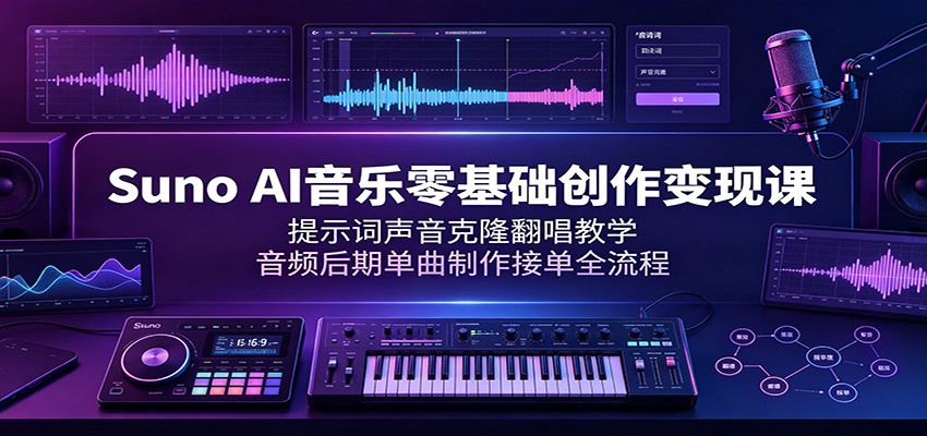 Suno AI音乐零基础创作变现课：提示词声音克隆翻唱教学，音频后期单曲制作接单全流程-龙祁轻创社区