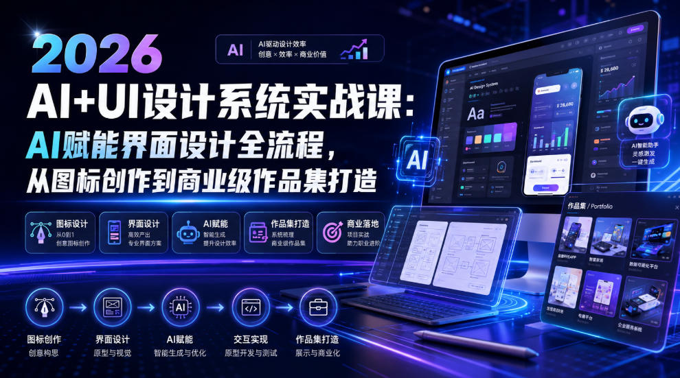 2026 AI+UI设计系统实战课：AI赋能界面设计全流程，从图标创作到商业级作品集打造-龙祁轻创社区