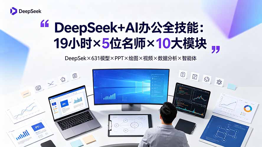 DeepSeek+AI办公全技能：19小时×5位名师×10大模块，DeepSeek×631模型×PPT×绘图×视频×数据分析×智能体-龙祁轻创社区