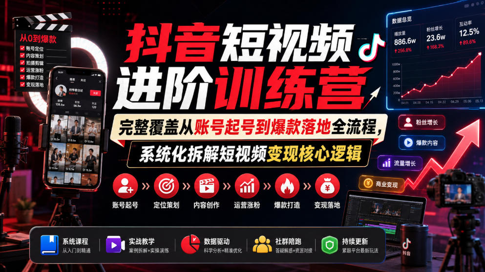 抖音短视频进阶训练营，完整覆盖从账号起号到爆款落地全流程，系统化拆解短视频变现核心逻辑-龙祁轻创社区