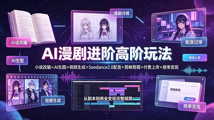 AI漫剧进阶高阶玩法：小说改编×AI生图×视频生成×Seedance2.0配音×剪映剪辑×付费上传×接单变现-龙祁轻创社区