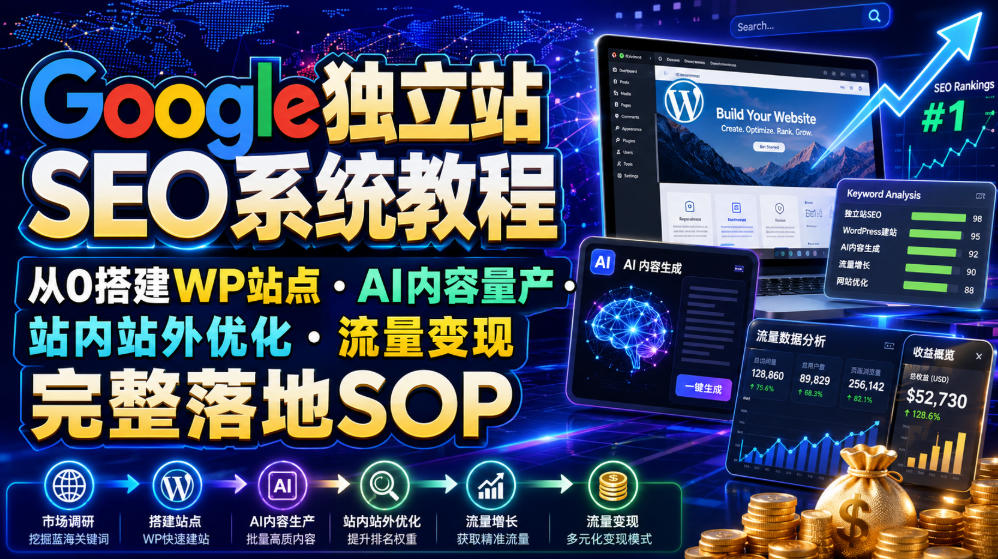 Google独立站SEO系统教程，从0搭建WP站点・AI内容量产・站内站外优化・流量变现完整落地SOP(2026年7月)-龙祁轻创社区